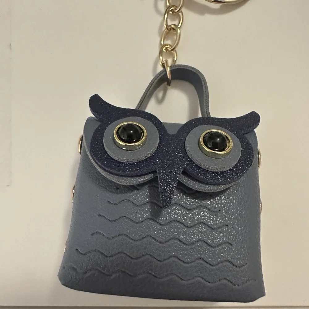 Owl Leather Coin Wallet Change Purse Keychain With Clip & Tassel BLUE Snap Close